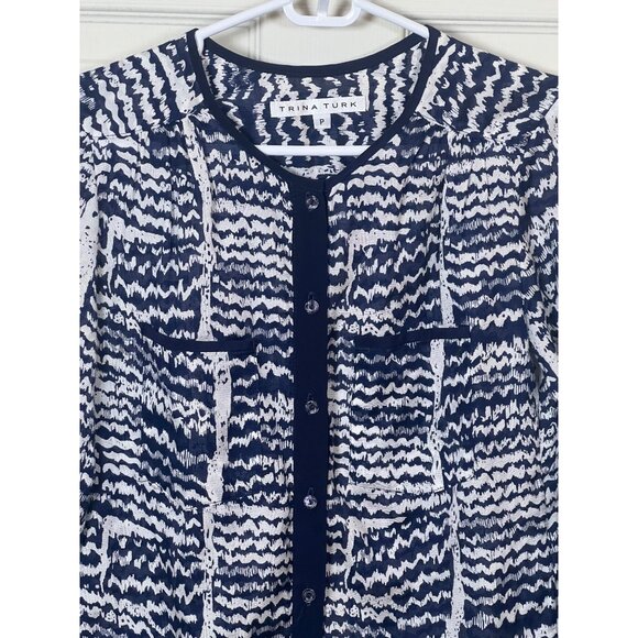 Trina Turk Navy & White Abstract Print Button-Up Blouse sz P/0 Cotton & Silk - Picture 1 of 8